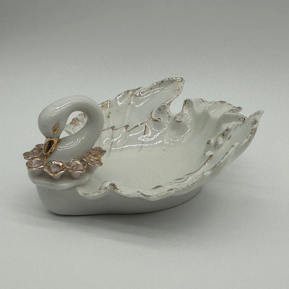 Vintage Lefton China Hand Painted Swan Trinket Dish Gold Trim Pink Flowers 954A